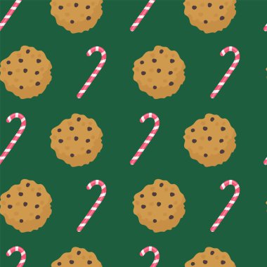 Çikolata parçalı kurabiye ve baston şeker. Güzel bir Noel karamelli arka planı. Kafe ya da restoran tasarımı için kakao çekirdeği kırıntıları. Mutfak tekstil arka planında yiyecek ve tatlılar var. Çizilmiş