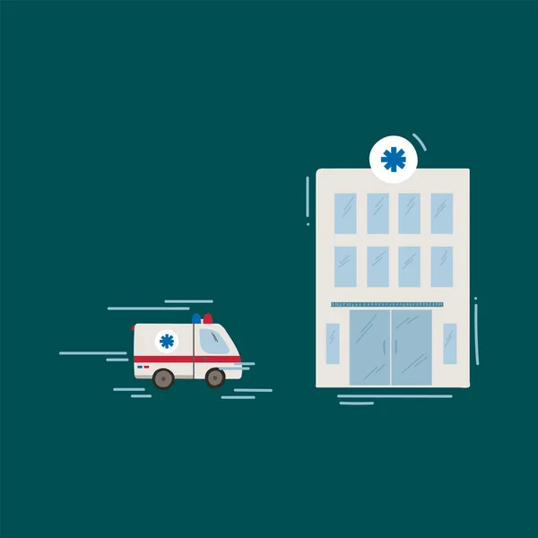Ein Krankenwagen eilt zu dem Gebäude. Nette Illustration eines Krankenwagens. Cartoon Medizinische Evakuierungswagen und medizinische Einrichtung. Eingezeichnet im isolierten Cliparts-Vektor. — Stockvektor