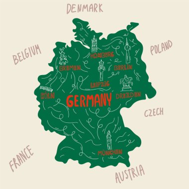 Almanya 'nın sembolleri ve haritadaki ilgi çekici yerler. Haritadaki şehirler Almanya, Almanya, Almanya, Hamburg, Berlin, Leipzig, Münih. Şehirlerin sembolleri. Bir Alman ülkesinde seyahat kavramı