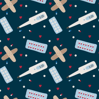 Geçmiş sağlık hizmetleri. Çocuk hastaneleri ve sağlık hizmetleri için hoş eşyalar. Düz stil tıbbi yama, kalp, hap paleti, haplar, termometre. Bir substratın karikatür çizimi