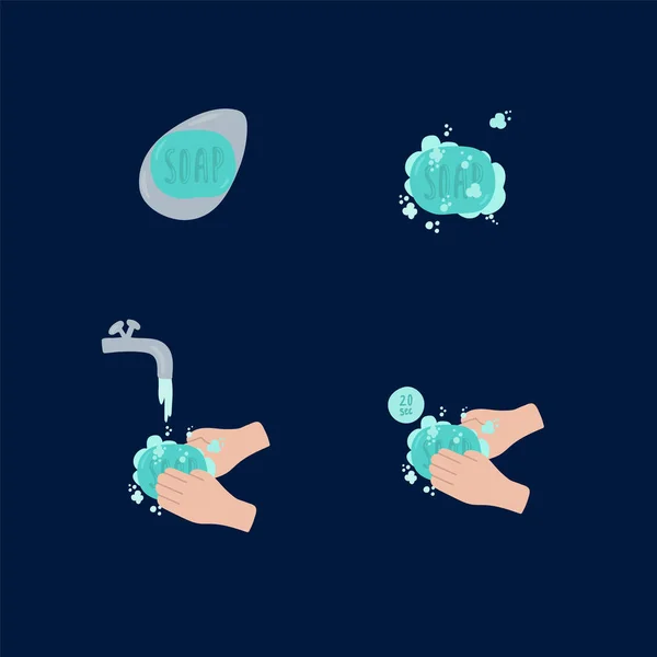 Higiene durante la epidemia de Coronavirus. Iconografías de la prevención del coronavirus covid 19. Elementos cualitativos del esquema de diseño del lavado de manos. Para el cartel, higiene personal — Vector de stock