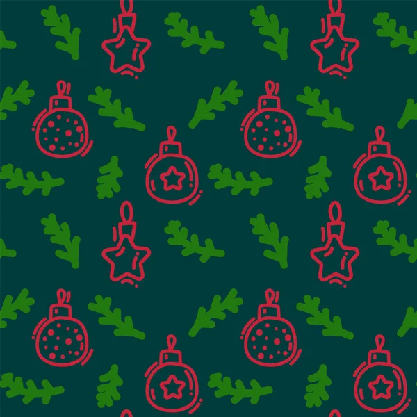 크리스마스 배경의 크리스마스 장식들이 만발 한 잎들. 마법의 벡터 크리스마스 트리 장식은 녹색으로 된 원 안에 붉은 공 모양으로 장식되어 있습니다. 새해의 직물에 대한 선형 스타일의 패턴에서 — 스톡 벡터