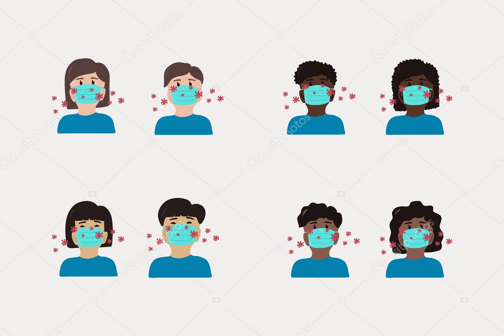 Coronavirus set of masked people protection from the virus. Various Nations people in masks. Men and women of different skin colors in protective masks. Blacks, African Americans, Afro, Latinos