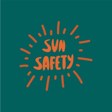 Güneşte güvenlik. Güneş kremi harfleri. El yazması güneş koruması. Vektör içindeki sözcükler.