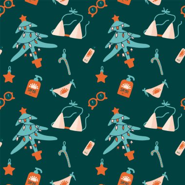 Yeni yılda güneşte güvenlik. Plaj düzeninde yeni yıl. Vektör çizimleri, el yapımı mayo, güneş gözlüğü, güneş koruma kremi, Noel ağacı, Noel ağacı süslemeleri. Güzel Noel