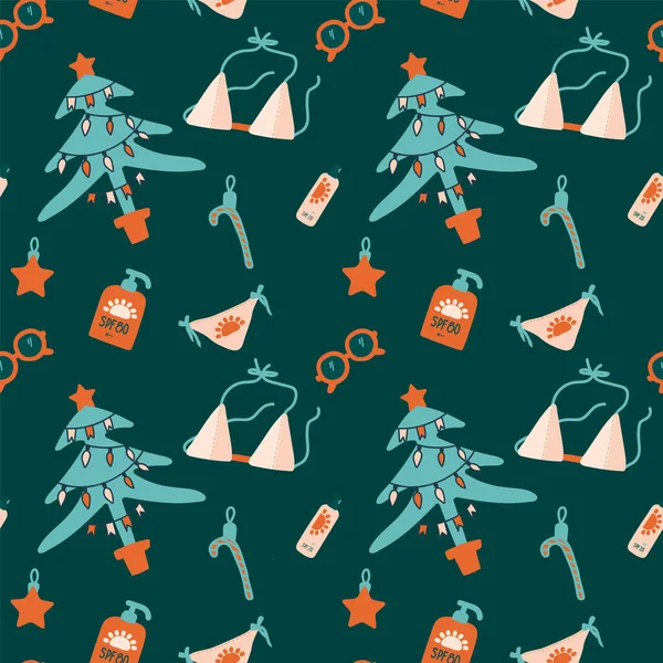 Yeni yılda güneşte güvenlik. Plaj düzeninde yeni yıl. Vektör çizimleri, el yapımı mayo, güneş gözlüğü, güneş koruma kremi, Noel ağacı, Noel ağacı süslemeleri. Güzel Noel