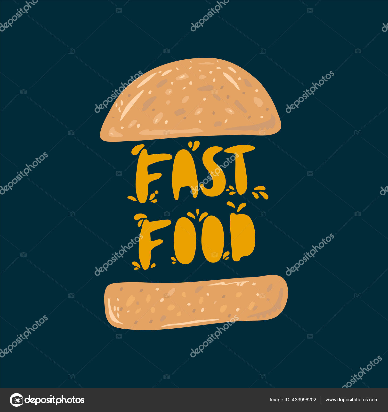 Lettering American food on the run. Vector Hamburger bun with letters. fast  food. Beautiful hand-drawn poster for the kitchen. Takeaway, on the run,  snack. Stock Vector by ©Zagar 433996202, image size:1600x1700