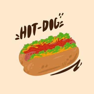 Üzerinde yazı olan bir Hot Dog 'un karikatür çizimi. Elle çizilmiş mektupları olan güzel bir fast food. Vektör yemek posteri restoran için kaçıyor. Amerikan yemeği resmi. Sıcak sosis, sandviç..