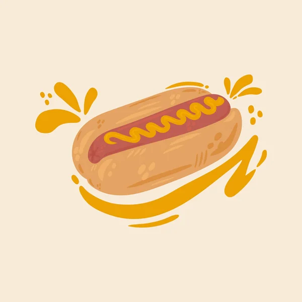 Hot Dog dos desenhos animados. Estilo bonito fast food para sua cozinha. Imagem vetorial da comida em fuga. Ilustração de comida americana para cartaz, cartão postal, menu de restaurante. — Vetor de Stock