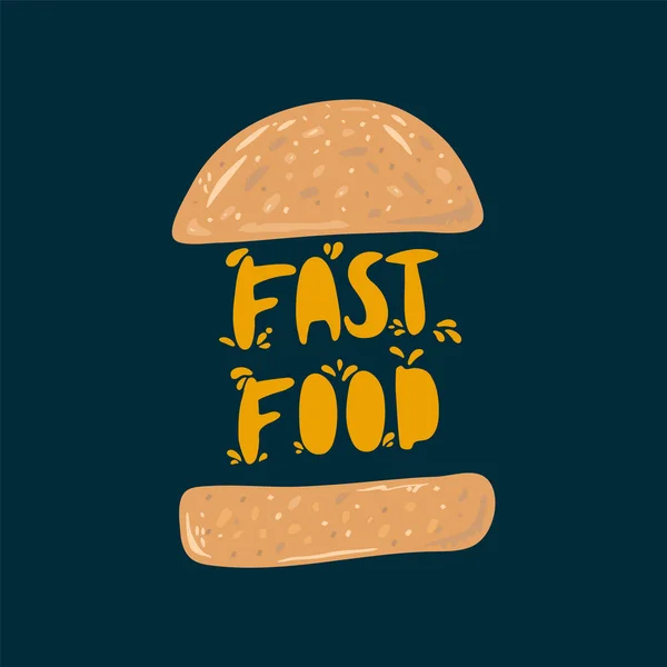 Пишу американскую еду в бегах. Векторный гамбургер с письмами. фаст-фуд Красивый нарисованный вручную плакат для кухни. Еда на вынос, в бегах, закуска. — стоковый вектор