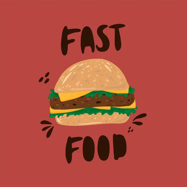 Egy hamburger vektorképe. Rajzfilm amerikai kaja menekülés közben. Vektor Hamburger zsemle szelet mártással, kolbásszal, ketchuppal, sajttal, fűszerekkel és kézzel húzott mustárral. A címkével Fast food. — Stock Vector