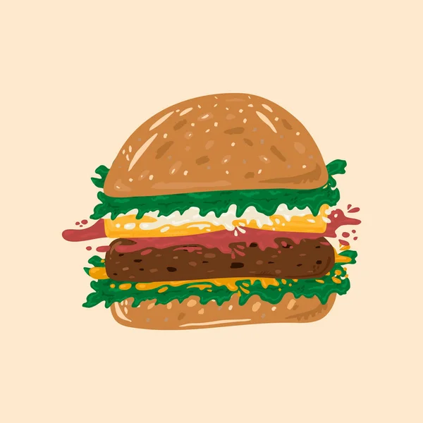 Ilustracja hamburgera. Cute fast food amerykańskie jedzenie. Bułka wektorowa z sosem kotletowym, ketchupem, serem, ziołami i musztardą narysowana ręcznie. Zdjęcie gorąca kiełbasa, kanapka, wołowina, hamburger, kotlet mięsny. — Wektor stockowy