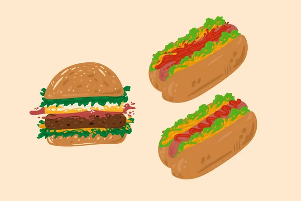 Comida rápida. Bonita colecção de comida americana. Bun Vector Hamburger com molho de costeleta, salsicha, ketchup, queijo, ervas e mostarda desenhado à mão. — Vetor de Stock