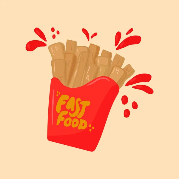 Desenhos animados de batatas fritas. Caixa vetorial desenhada à mão com comida take-away em ketchup. Adesivo bonito em seus têxteis. Takeaway, em fuga, lanche. — Vetor de Stock