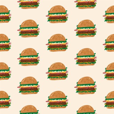 Hamburger deseni. Paket yemek tasviri. Çörek, sos, ketçap, hardal, sığır eti, yeşil salata, peynir, hamburger, sosis. Tekstil ürünlerinde tatlı bir arka plan. Paket servis, kaçma, atıştırma.