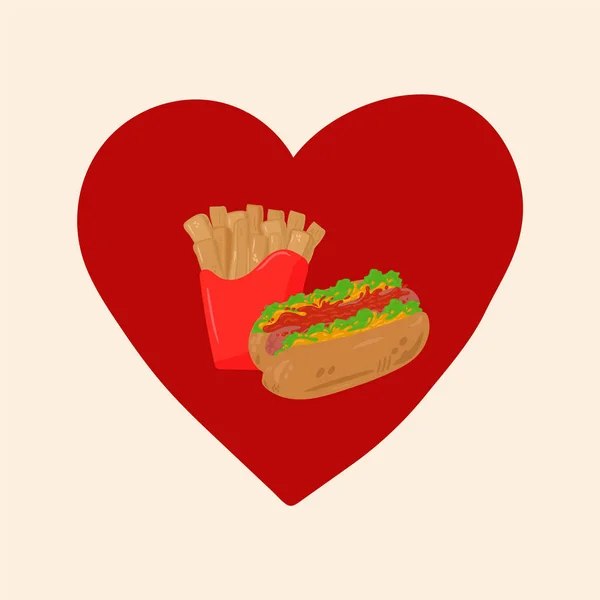 Illustration av en korv och pommes frites. Amerikansk mat på flykt i hjärtats cirkel. Ritad i platt stil mat att ta bort. Vektor hamburgare bulle med kött Patty, sås, korv, ketchup — Stock vektor