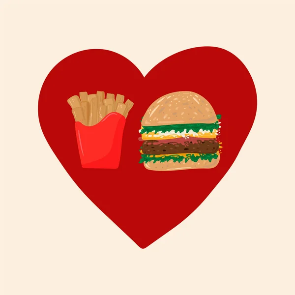 Illustration of a hamburger with French Fries. American food on the run set of Rolls with cutlet and French fries in the circle of the heart. Drawn in a flat style food to take away. Vector hamburger — Διανυσματικό Αρχείο