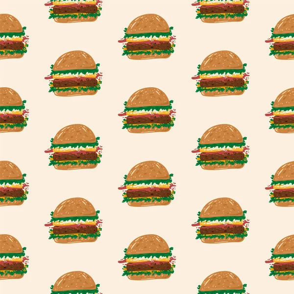 O padrão do hambúrguer. Ilustração de comida take eaway. Bun, molho, ketchup, mostarda, carne, salada verde, queijo, hambúrguer, salsicha em um bun.cute fundo em seus têxteis. Takeaway, em fuga, lanche — Vetor de Stock