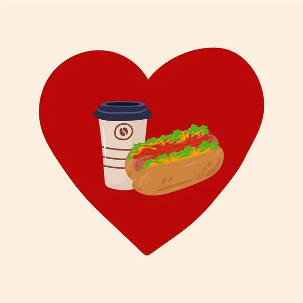 Illustration of a hot Dog with Coffee. American food on the run set in the circle of the heart. Drawn in a flat style food to take away. Vector hamburger bun with meat patty, sauce, sausage, ketchup — Διανυσματικό Αρχείο