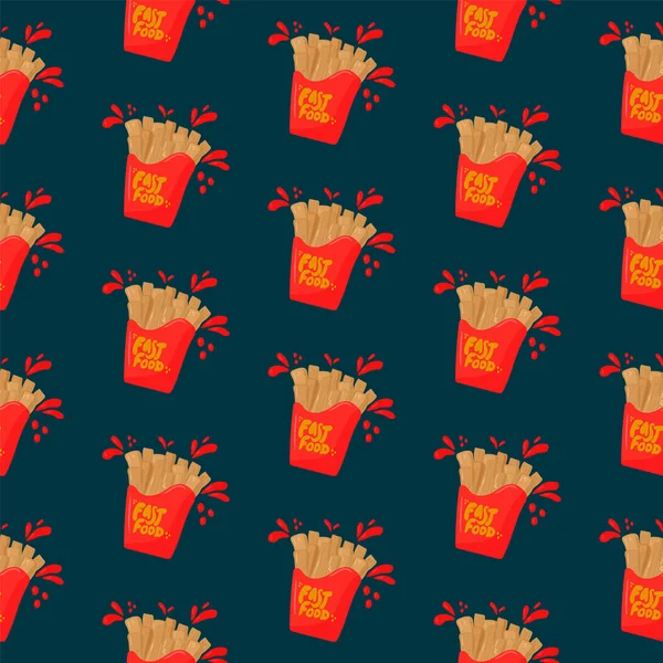 Cartoon background of French Fries. Padrão de vetor de comida em fuga, batatas fritas. quadro para têxteis de cozinha desenhados à mão. takeaway, em fuga, lanche, pão, molho, ketchup, mostarda, carne bovina, verde — Vetor de Stock