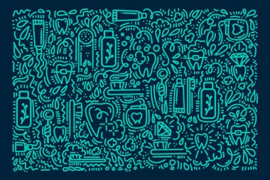 Diş fırçalamak için arka plan araçları. Güzel Doodle posteri diş fırçası, diş macunu, diş ipi, dişler. Sabah hijyeninde elle çizilmiş şekiller, ağız boşluğu için bakım kavramı.