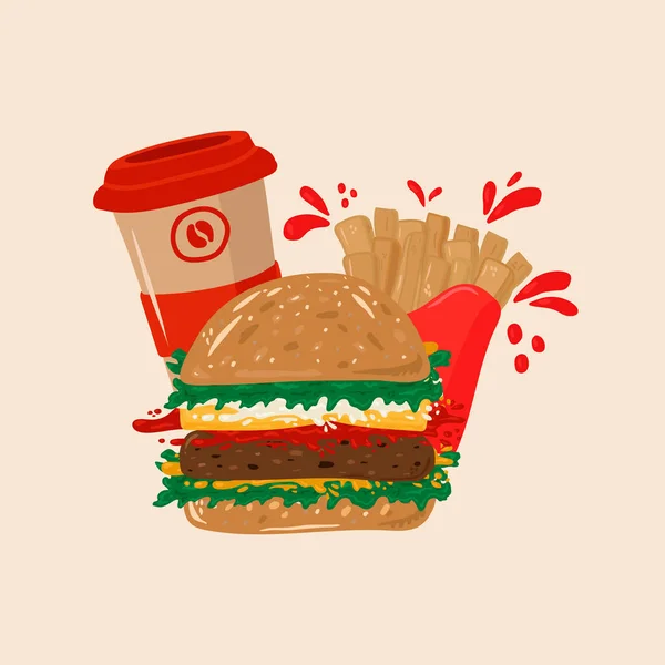 Fast-Food-Plakat. Schöne amerikanische Küche. Semmeln mit Fleisch und Pommes frites. Mitnehmen im flachen Stil. Vektorhamburger, Sauce, Wurst, Ketchup, Käse, Kräuter und Senf, Pommes. Niedlich — Stockvektor