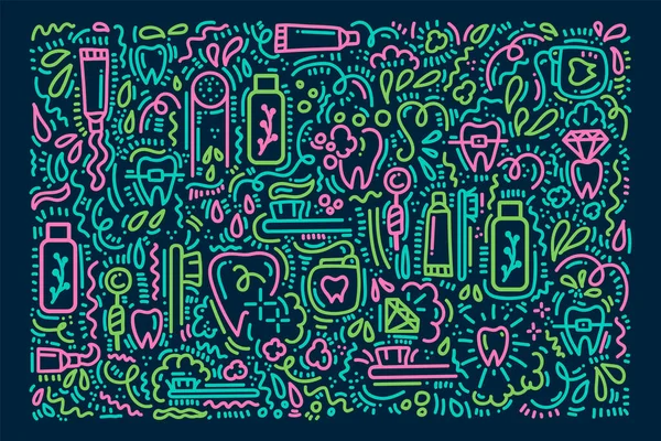 Doodle tarzında diş fırçalamak için arka plan. Çizgi film posteri, diş fırçası, diş macunu, diş ipi, dişler. Sabah hijyeninde el yapımı Doodle deseni, oral bakım kavramı.