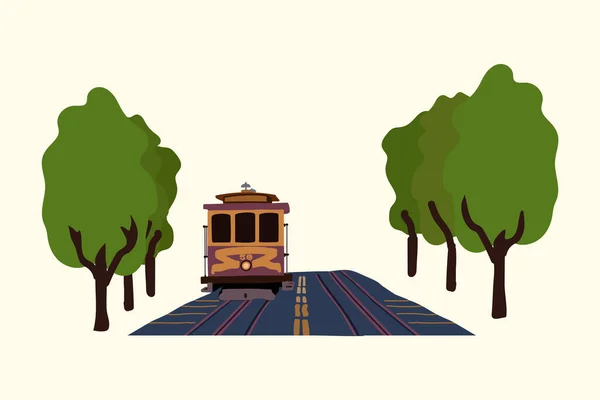 Eine Illustration einer detaillierten Straßenbahn des öffentlichen Nahverkehrs. Elektrische öffentliche Verkehrsmittel mit dem Bild eines alten Straßenbahnwagens zwischen den Bäumen. Retro-Transport in der Stadt, Park. Ideal für den Transport — Stockvektor