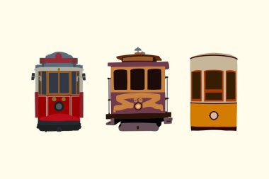Retro tramvay seti. Eski model araba şehir taşımacılığını detaylandırdı. Şehirde elektrikli araçlar var. Nakliye koleksiyonu, seyahat kartı ya da broşür tasarımı için mükemmel. Işınlama bilgisi ve seyahat için mükemmel