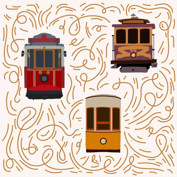 Retro tramvay posteri. Eski Amerikan, Türk, Avrupalı. Şehir seyahatleri için tramvay şehir ulaşımı. Şehirdeki tramvayda sokaklarda dolaşmak için kullanılan elektrikli arabalar. Ulaşım posteri