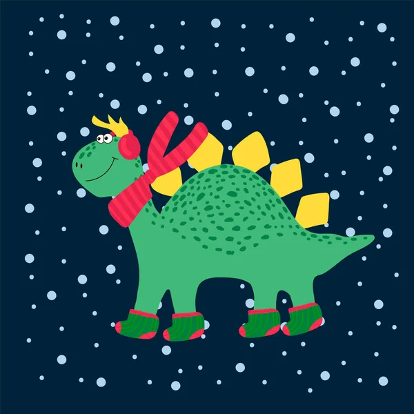 Weihnachten niedlicher Dinosaurier. Winter-Cartoon-Illustrationen wilder Tiere in Winterkleidung. Vektor Dinosaurier Poster in Schal und Socken für Kinder. Die Charaktere in warmer Kleidung im Winter. Die Dinos sind — Stockvektor