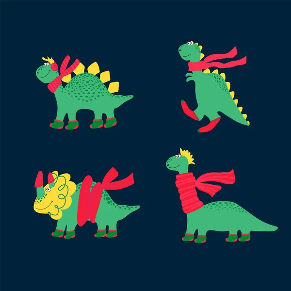 Conjunto de inverno de dinossauros bonitos. Desenhos animados bonitos ilustrações de animais selvagens. Coleção de cartazes de dinossauro vetorial para crianças. Personagens Dino são desenhados à mão em um estilo plano. — Vetor de Stock