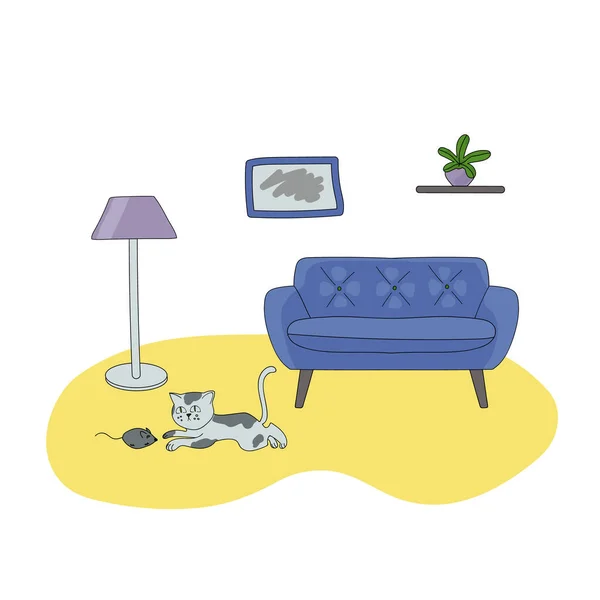 Niedliche Wohnzimmereinrichtung mit Katze. Ein schönes Projekt eines Zimmers mit Sofa, Regalen und Hausblumen, einer Stehlampe. Wohnung mit Haustier. Vektor-Illustrationen für die Gestaltung von Flugblättern. — Stockvektor