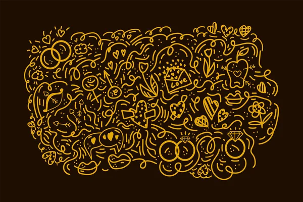 ロマンチックな金の背景をかわす。抽象的なパターン柔らかい心、リング、線形の花、矢印、リンゴ、封筒。漫画の質感黄金の愛の概念。恋人のための織物. — ストックベクタ