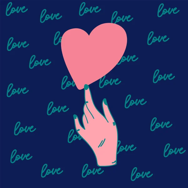 Main avec cœur. Texture de lettrage Doodle. Menthe lettres de l'inscription Amour. Fond mignon avec la main sur la Saint Valentin. — Image vectorielle