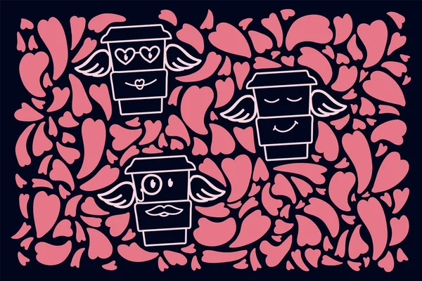 Ποτήρια και καρδιές Doodle. Κούπες καφέ κινουμένων σχεδίων στο τρέξιμο στον κύκλο της καρδιάς. Ροζ αφηρημένη υφή καρδιές για την ημέρα του Αγίου Βαλεντίνου. — Διανυσματικό Αρχείο