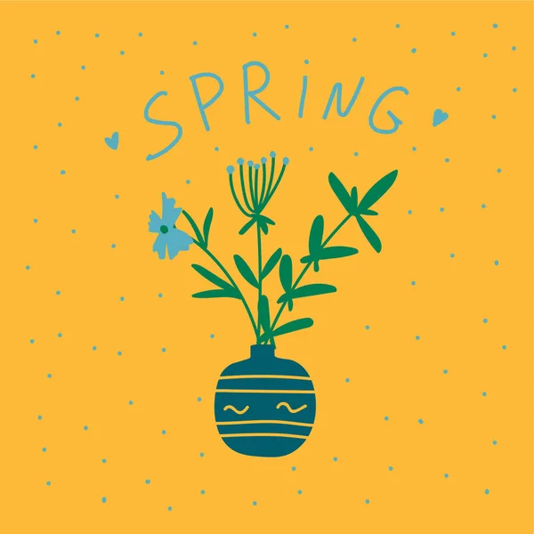 Kartu pos dengan bunga musim semi dalam mangkuk. Poster dengan tulisan bunga musim semi di bejana. Motif alami dalam karangan bunga dan vas bunga. Ilustrasi tanaman digambarkan dengan tangan. Gambar untuk membuat - Stok Vektor