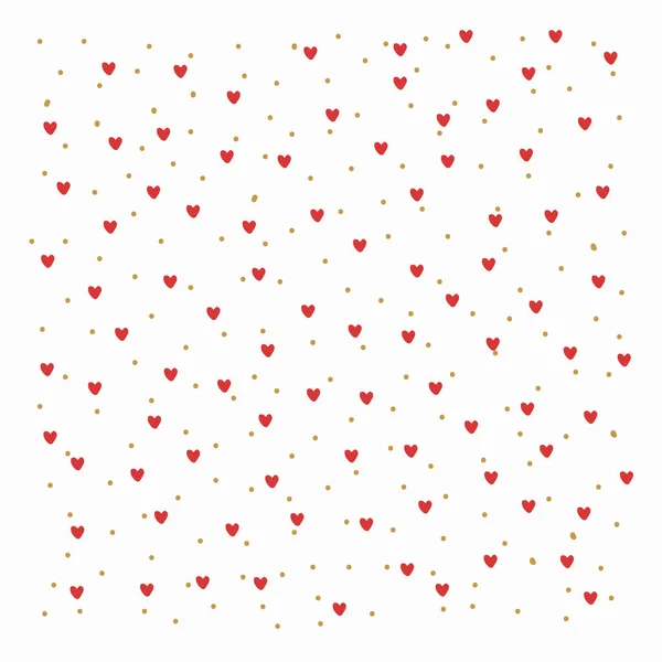 Goldene Punkte mit roten Herzen Hintergrund. Schöne mehrfarbige Textur. Niedliches Muster für romantische Textilien. Für Romantiker und Liebhaber. — Stockvektor