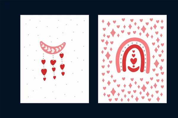 Um conjunto de cartas de amor com um arco-íris. Cartazes bonitos com elementos rosa e corações. Flores, um vaso, um sinal. Fundo de ponto vermelho. Dia dos Namorados coleção. —  Vetores de Stock