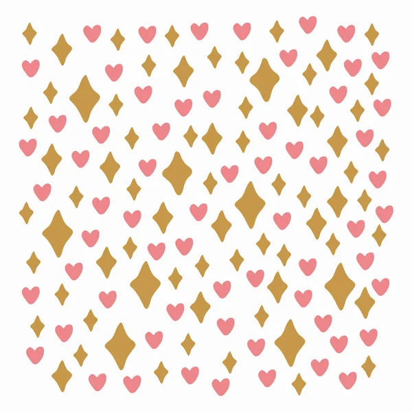 Netter Hintergrund mit Augenzwinkern und Herzen. Goldene Sternenlichter und rosa Herzen. Netter Texturhintergrund für Ihre Babytextilien. Romantisches Muster. — Stockvektor