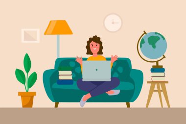 Kanepede dizüstü bilgisayarı olan bir kız. İç mekan ve ofis kavramı. Serbest çalışmak, çalışmak, evde çalışmak, uzaktan çalışmak, ev ofisi. Evde bilgisayarlı insanların düz bir şekilde resmedilmesi.