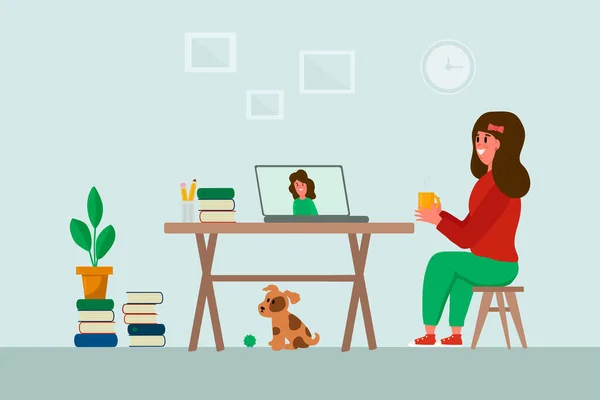 Una donna con un portatile è seduta a un tavolo. Il concetto di freelance, studio, lavoro a casa, lavoro a distanza, home office. Illustrazione con le persone all'interno in stile piatto. — Vettoriale Stock