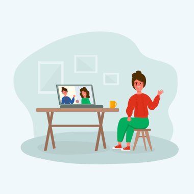 Dizüstü bilgisayarı olan büyükanne. İç mekan ve ofis kavramı. Evde bilgisayarı olan insanların düz bir şekilde resmedilmesi. Yaşlılar ve sosyal ağlar. Çevrimiçi sohbet, telefon ya da video çağrısı