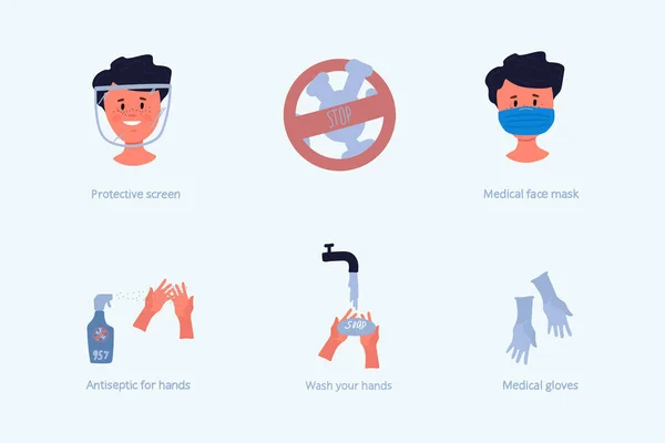 En uppsättning ikoner Skydd mot coronavirus. Medicinsk mask, Skyddsskärm, Handskar, Hand Antiseptisk. Stoppa Covid19-viruset — Stock vektor