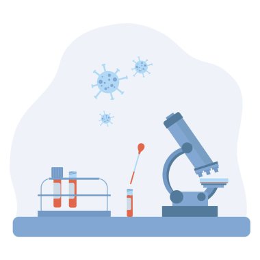 Laboratuvar araştırmalarının bir parçası. Mikroskop, pipetler, araştırma için kan, virüsler. Laboratuvar çalışmaları konsepti düz bir tarzda. Vektör illüstrasyonu
