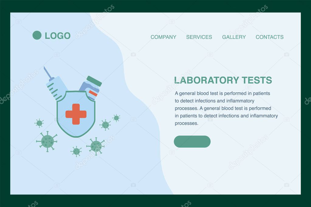 The target page of the Laboratory research of the Vaccine. The concept of laboratory studies of Antibodies in a flat style. A syringe, virus protection, a can of vaccine. Vector illustration