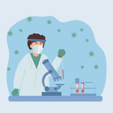 Laboratuvarda çalışan bir adam. Virüs için tıbbi araştırma testi. Test tüpleri, virüsler, şırıngalar, şişeler, mikroskoplar ve kan. Vektör illüstrasyonu
