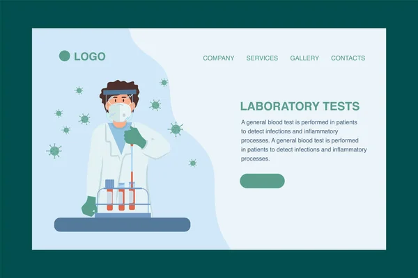 Laboratuvar Araştırma İniş sayfası. Aşıların insan laboratuvarında test edilmesi. Bir şırınga, virüs koruması ve bir kavanoz aşı şeklinde çizilmiş. Vektör illüstrasyonu