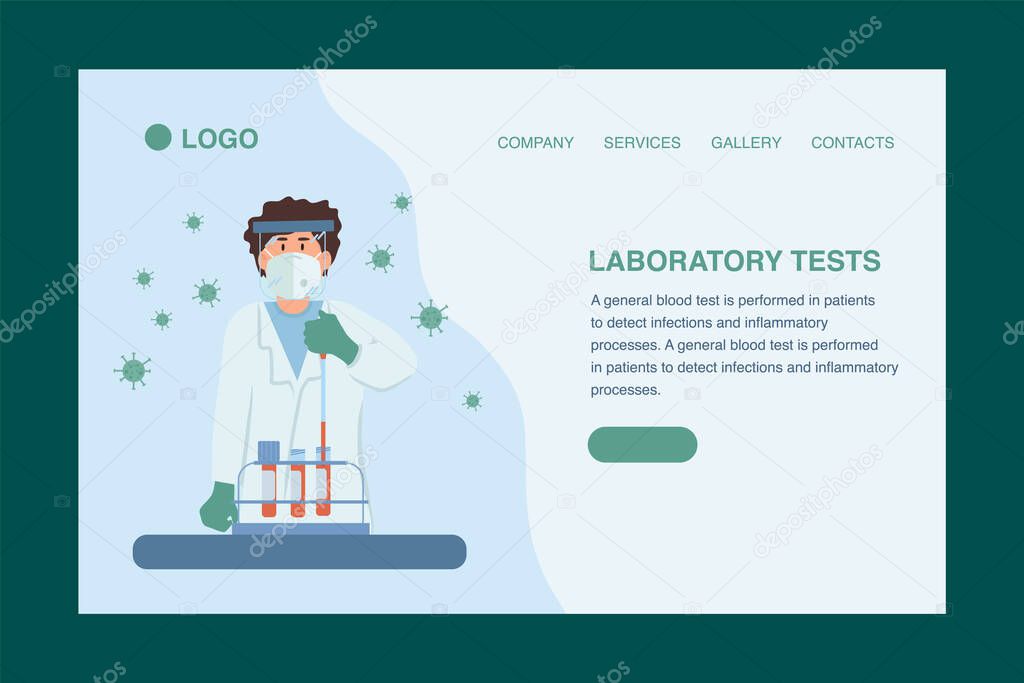 The Laboratory Research landing page. The concept of human laboratory testing of Vaccines. Drawn in the flat style of a syringe, virus protection, a jar of vaccine. Vector illustration