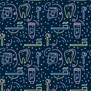 Diş temizleme ürünlerinin geçmişi. Elle çizilmiş bir karalama şekli. Diş fırçası, diş macunu, diş ipi ve diş fırçası olan dokuların ofisleri..